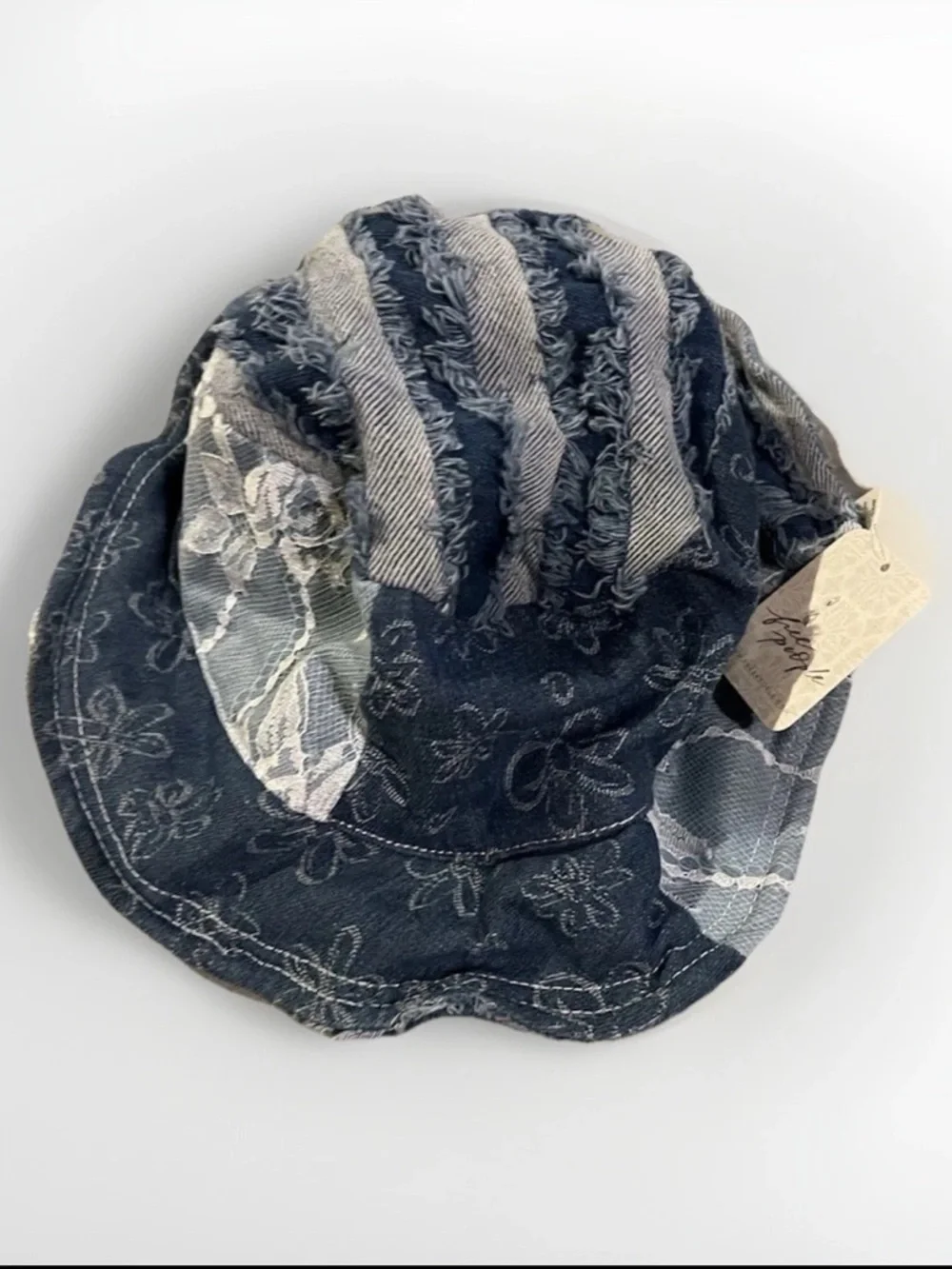 Free People Women’s Bucket Hat Blue Denim Floral Fringe One Size Casual Travel